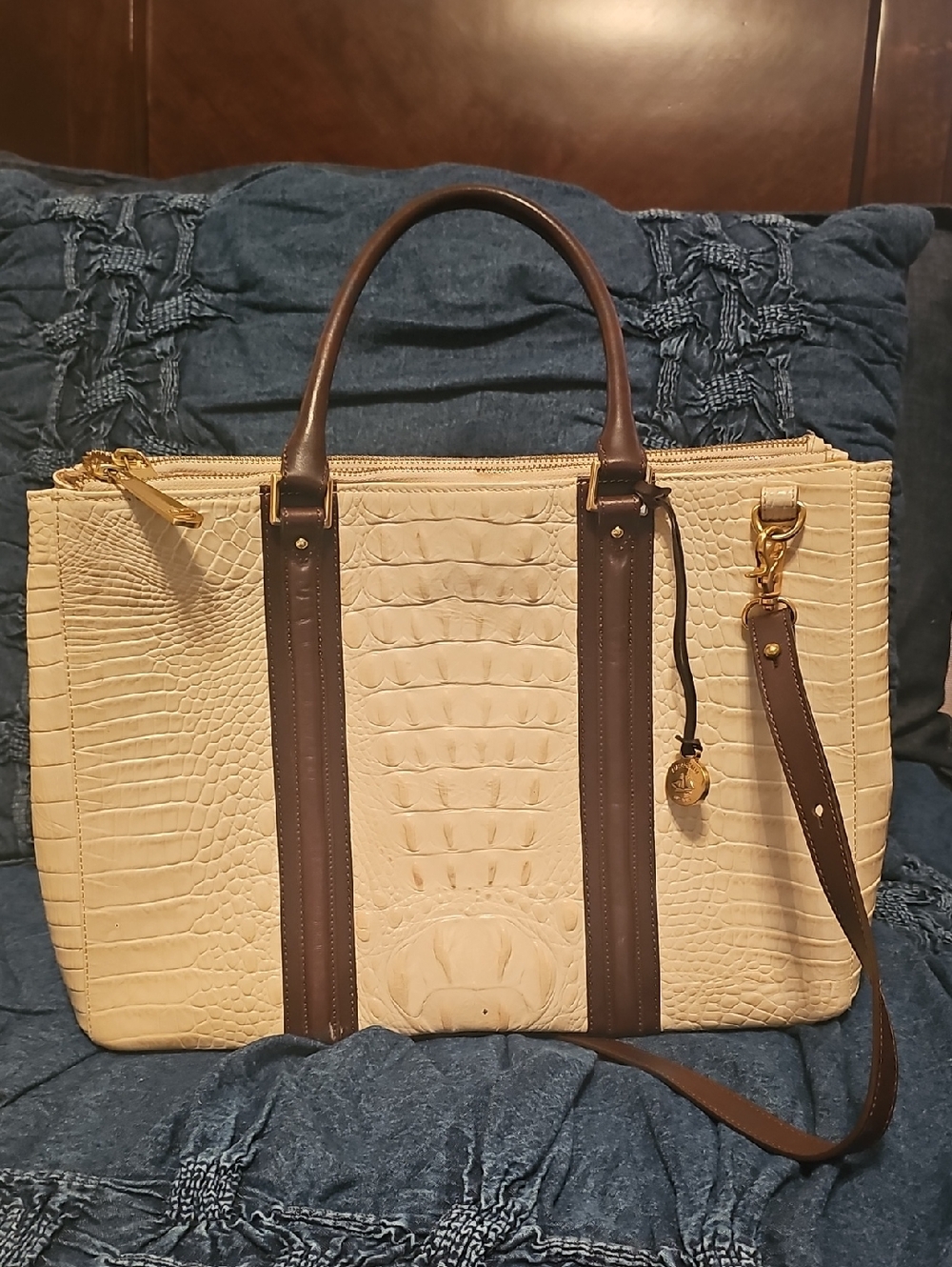 Cream Brahmin Croc-Embossed Large Purse with Brown Trim